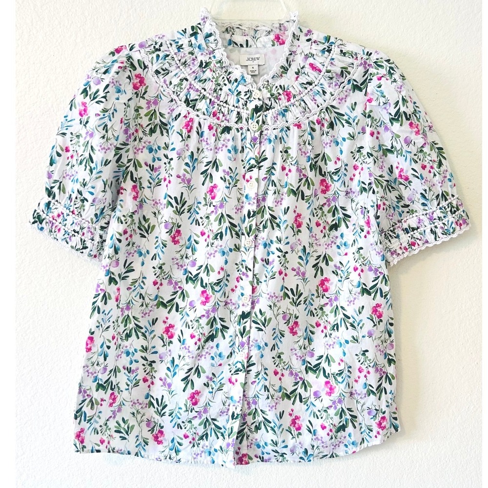 J.Crew Floral Smocked High Neck Blouse Cotton Voile Puff Sleeve Top White SZ SM